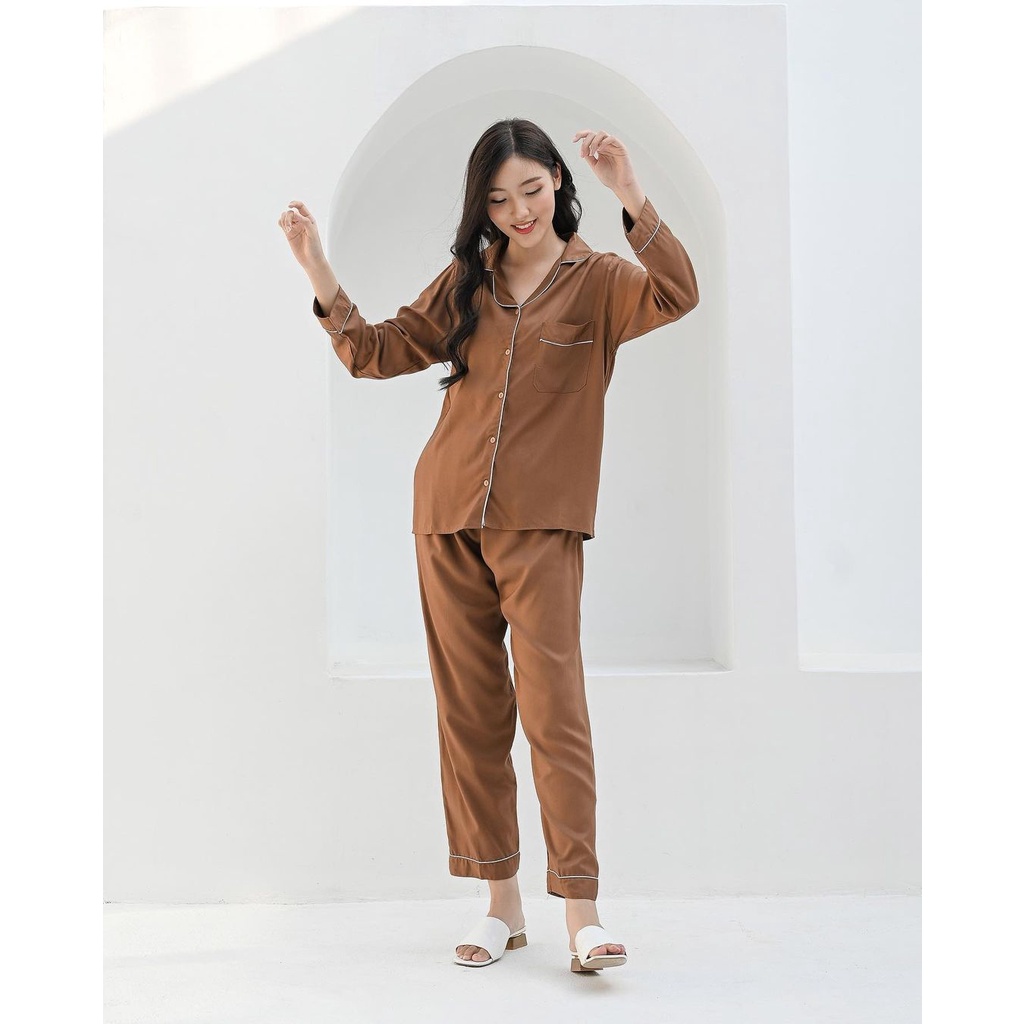 SATINPP - Vibelle Baju Tidur Piyama Satin Silky Velvet Premium Wanita-Coklat Tua