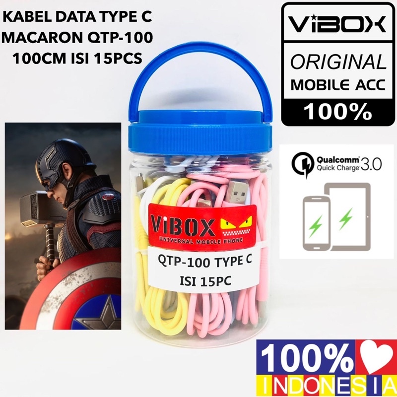 {isi 15pc} KABEL DATA TOPLES TYPE C VIBOX MACARON 3A QTP-100 ORIGINAL