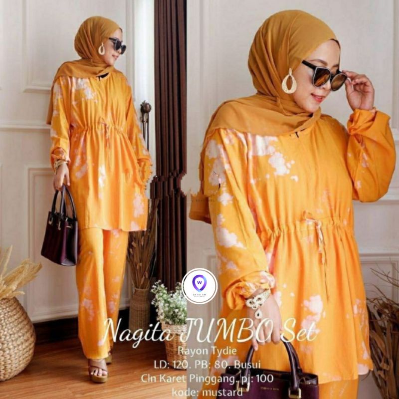 Setelan One Set Tie Dye Lengan Panjang Nagita Set Jumbo / Baju Daster Wanita Jumbo Motif Serut Murah-One Set TD Kuning