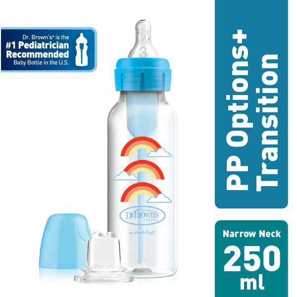 Dr.Brown's 8 oz/250 ml PP Narrow Neck Options+ Transition Bottle w/ Sippy Spout, 1-Pack / Botol susu