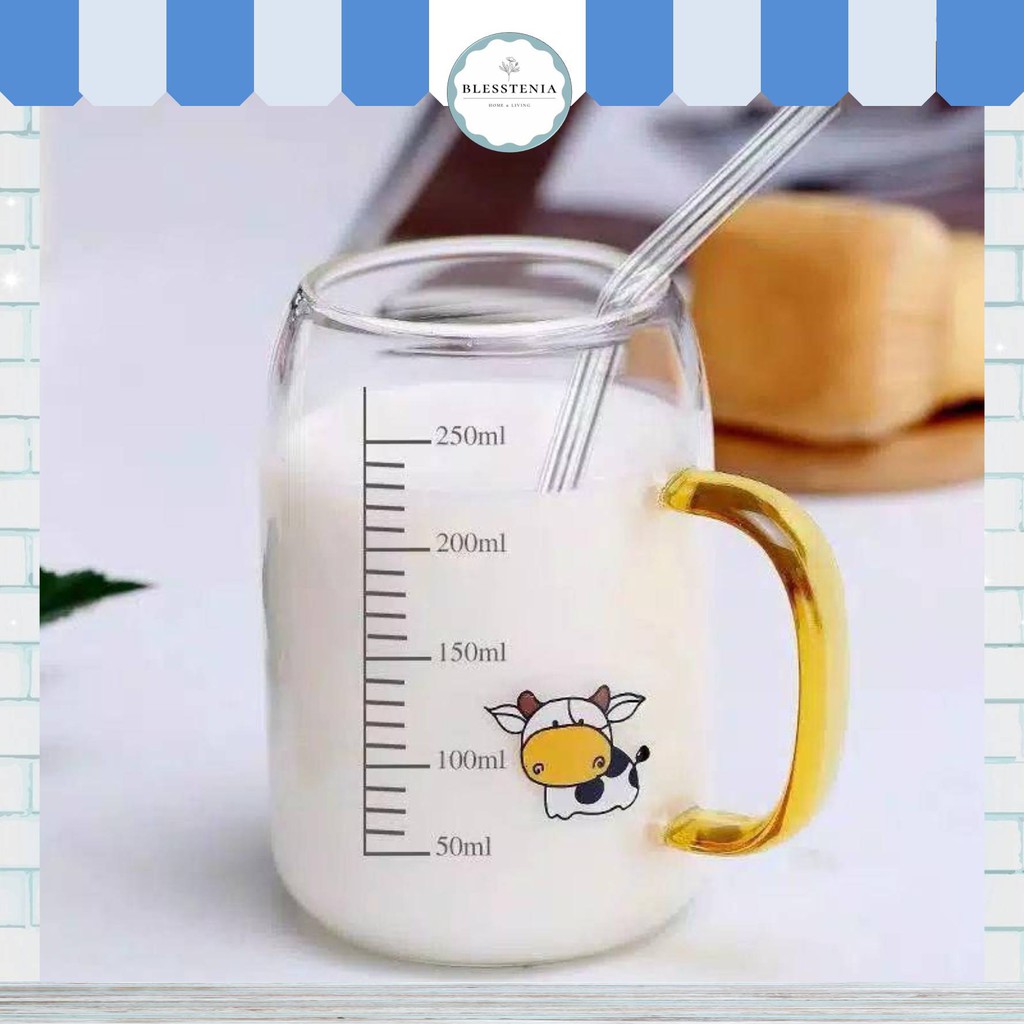 Blesstenia - Gelas mug kaca lucu motif sapi | gelas susu tahan panas