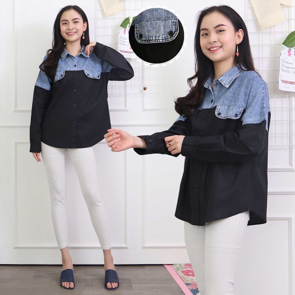 MAYORS - KEMEJA WANITA KEMEJA DENIM JEANS KOMBINASI KATUN IMPORT PREMIUM