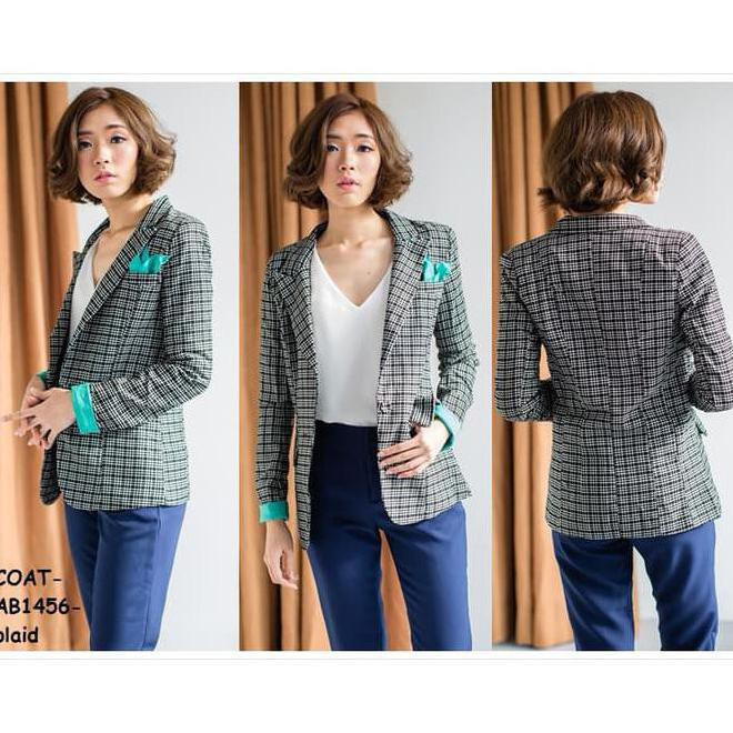 Outer Blazer Coat Jaket Kantor Tartan Kotak Baju Wanita Korea Import
