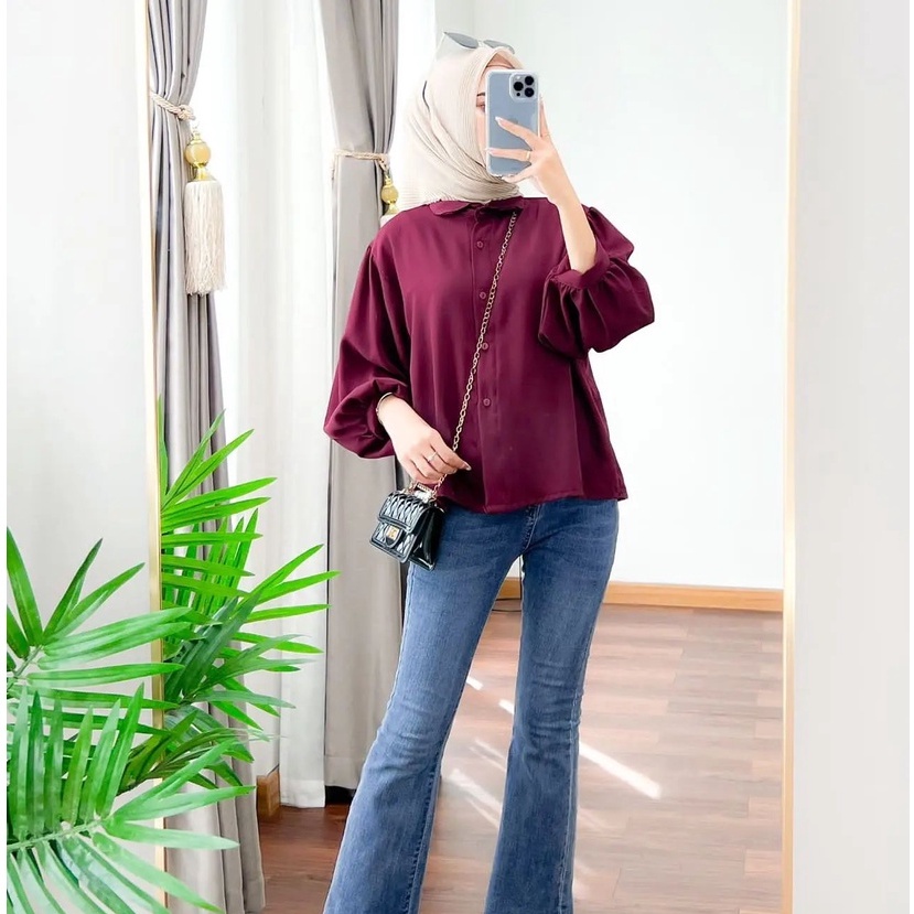Baju Atasan KEMEJA BLOUSE ELZAN BUSUI Friendly Korean Style Jumbo Oversize Wanita Perempuan Crinkle 