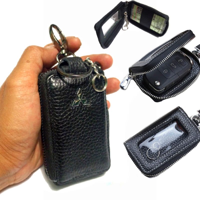 dompet kunci remot  keyless mobil mitsubishi transparan v.2 single zip kulit asli - dompet stnk mobil kulit