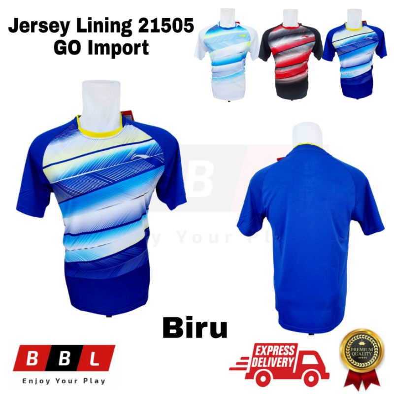Jersey Badminton Lining 21505 Biru Putih Hitam Grade Ori Import Jersey Bulutangkis Lining Murah Kaos