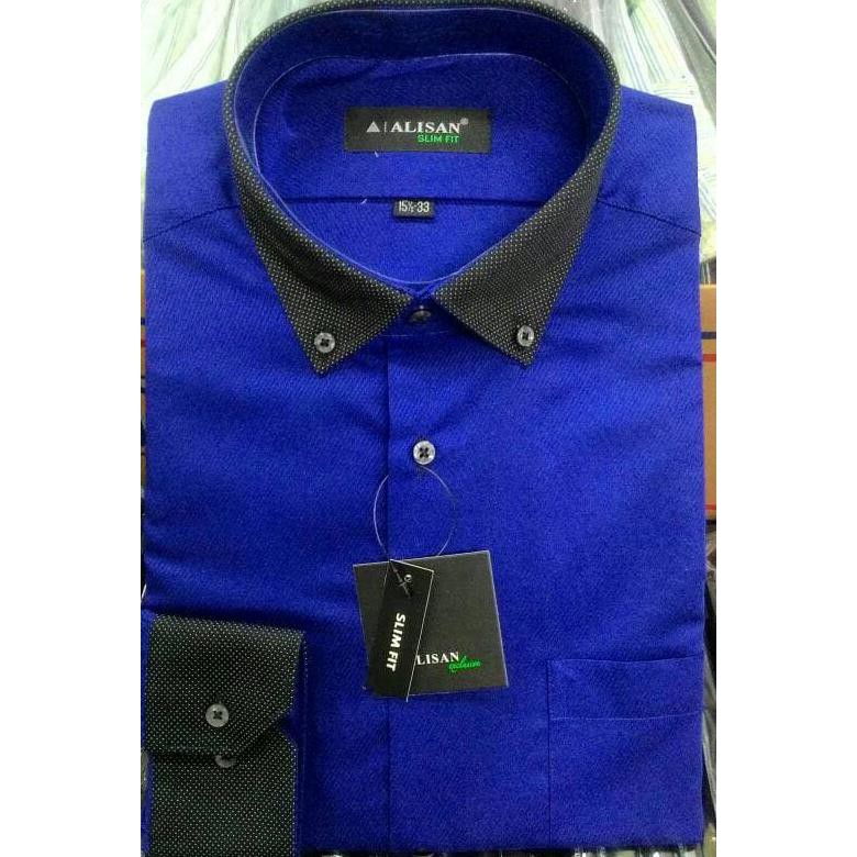 Terlaris !!! Kemeja Pria Alisan Biru Elektrik Ulir Miring Dobby Kerah Hitam Slimfit