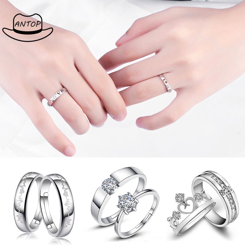 2 Pcs 925 Silver Cincin Berlian Mode Pasangan Wanita Perhiasan Cincin Ring B1 Antop