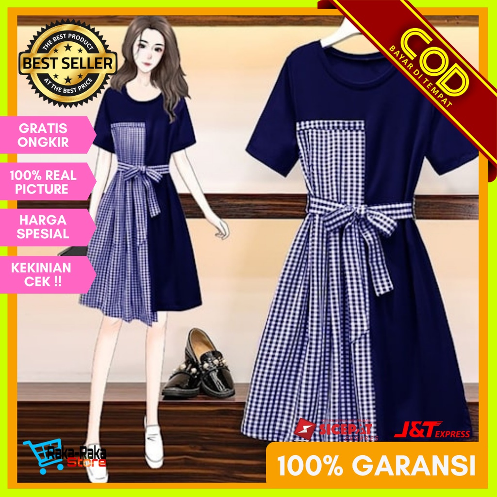 Dress Wanita Korea Casual Dres Lengan Pendek Gaun Hitam Motif Kotak Ramping Elegan Terbaru Kekinian