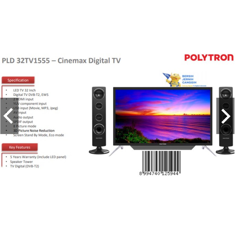 Polytron LED Digital TV 32&quot; DVB-T2 Cinemax 32TV1555 Speaker Tower