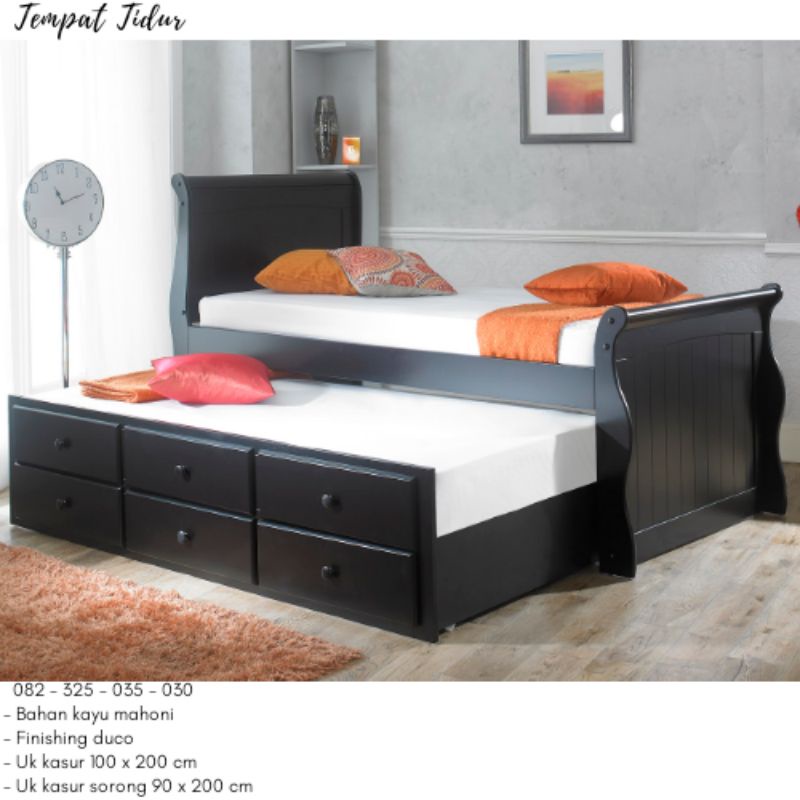 Ranjang Kasur Laci Anak Klasik 2 Tingkat Multifungsi Tempat Tidur Single Warna Hitam
