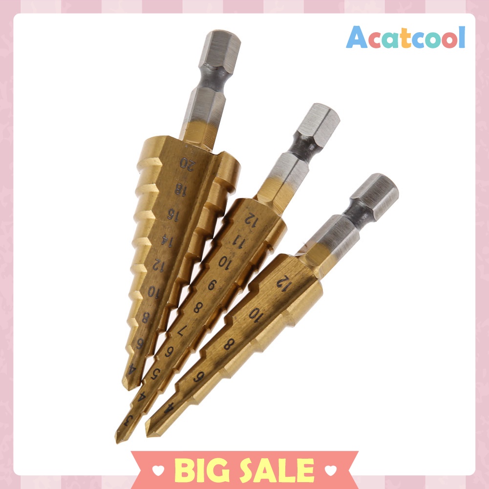 3Pcs Metric  HSS Steel 4241 Cone Titanium Coated Drill Bits Tool Set Hole