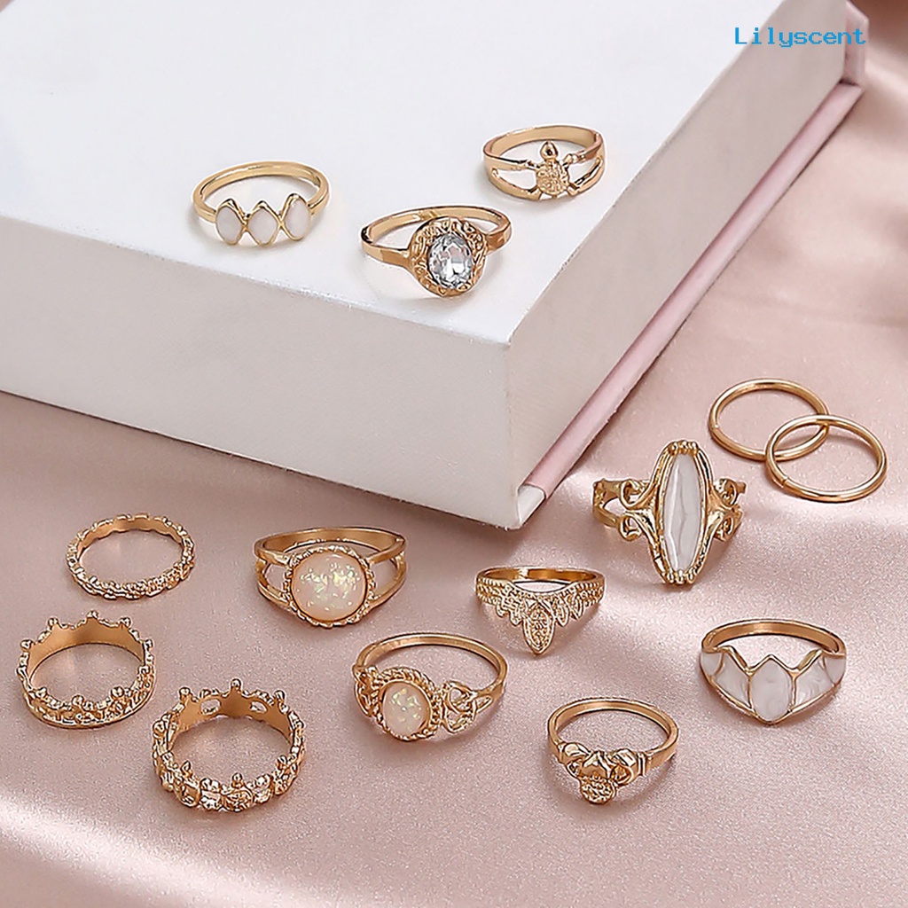 14pcs Cincin Knuckle Model Hollow Stackable Bahan Alloy Aksen Permata Imitasi Gaya Etnik