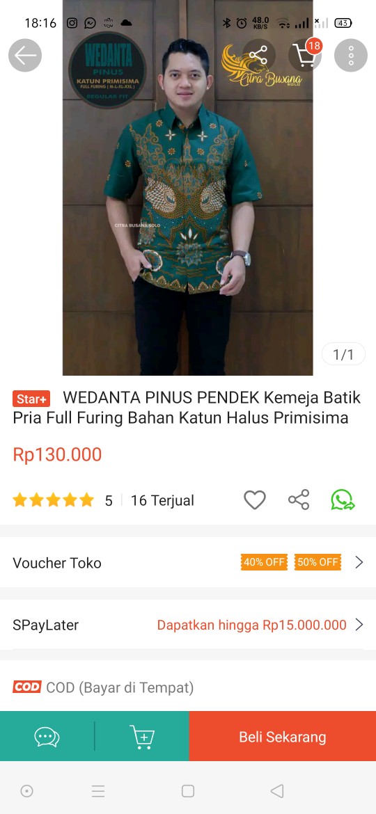 Wedanta Pinus Pendek Kemeja Batik Pria Full Furing Bahan Katun Halus Primisima