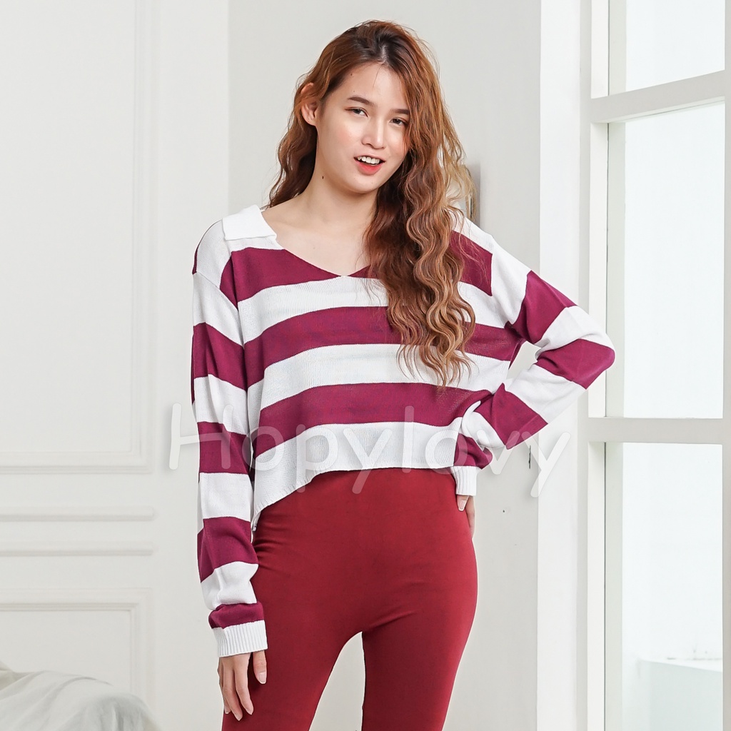 HOPYLOVY - Fuji Crop Top Rajut/Blus Rajut Danira /Blouse Blaster/rajut blaster/Baju Fuji/atasan rajut belang