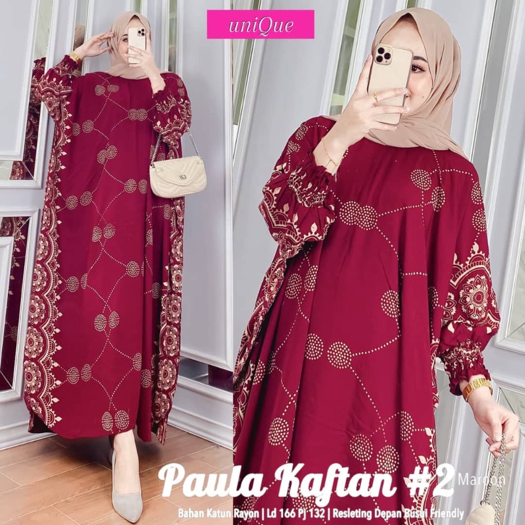 Paula Kaftan Wanita Super Jumbo XXXL Busui Resleting Lengan Panjang 7/8 Motif Sultan Rayon Tebal / Gamis Kaftan