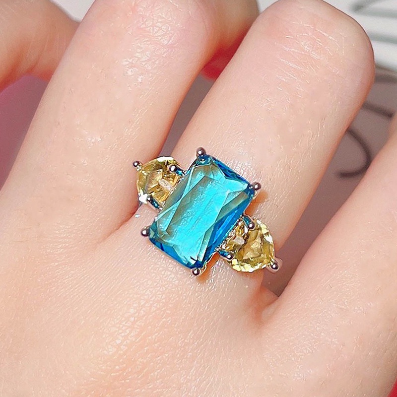 Cincin Zircon Bentuk Kotak Warna Pink Kuning Biru Hijau Untuk Wanita