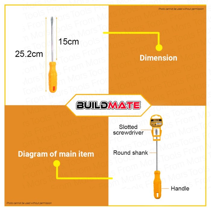 Obeng Minus Gagang Fiber (6&quot;/150mm) Slotted Screwdriver INGCO HS586150