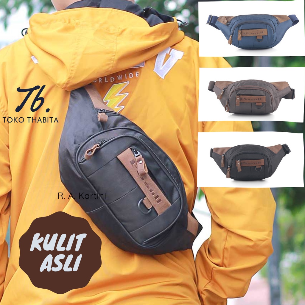 Waistbag Pria Pusiill Tas Pinggang Selempang Kombinasi Kulit Asli Cordura Tourin Original