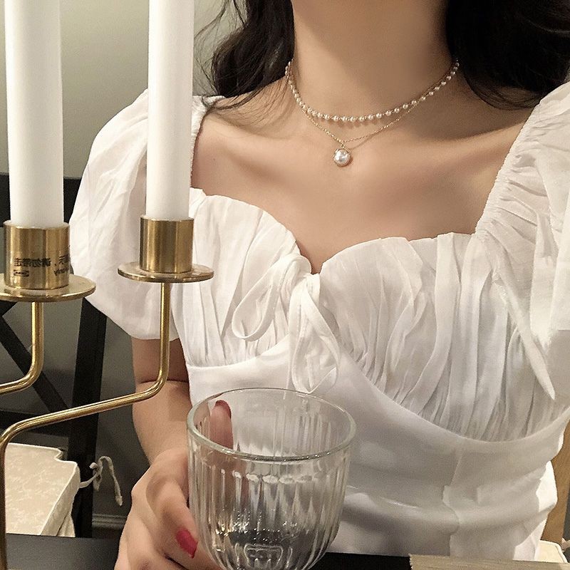 Kalung Multilayer Mutiara Rantai Korea Dua Lapis Double Korean Pearl Necklace