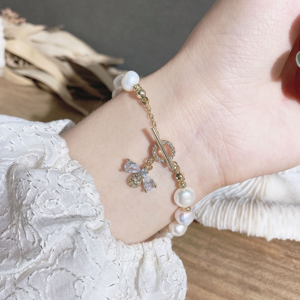 Gelang Mutiara Air Tawar Dengan Liontin Lebah Bahan Zirkon Untuk Wanita