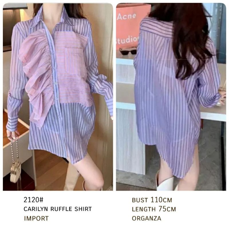 2120 Baju atasan kemeja blouse RUFFLE salur ungu lengan panjang Korea Korean style cewek import baju