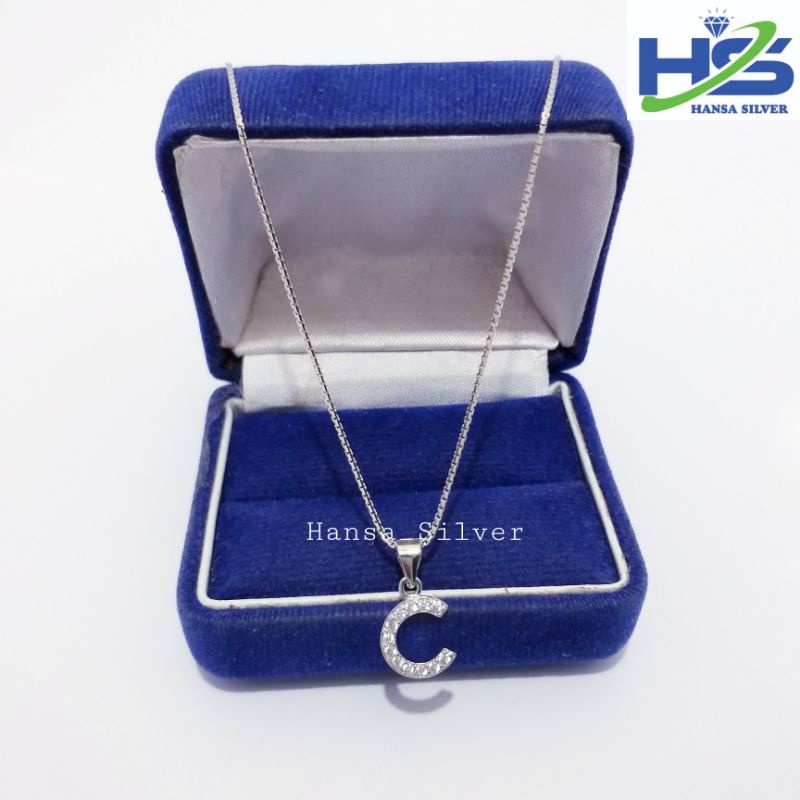 Kalung Perak Wanita Silver Asli 925 Lapis Emas Putih Model Italy Liontin Huruf Inisial C