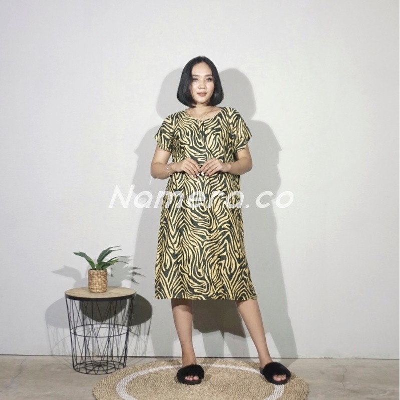 Dress Daster Bali Zebra Busui Lengan Pendek Friendly Resleting Depan Full Rayon