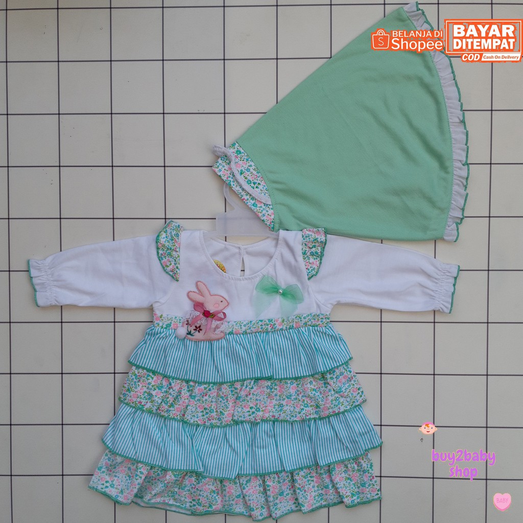 Baju lebaran bayi set gamis panjang dengan jilbab motif Polkadot/Bunga Baby Flower