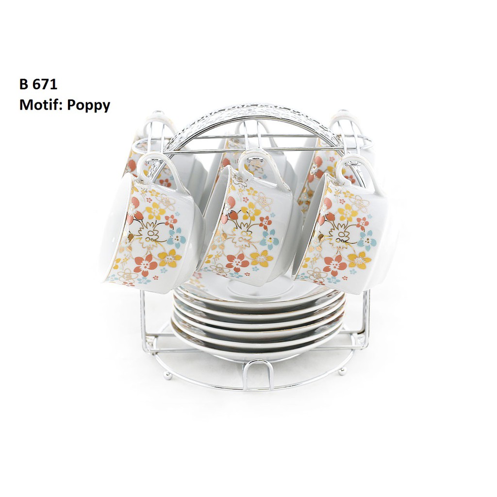 Tea Set B671 6 Cangkir Teh 6 Lepek dan rak gantung Motif Poppy VICENZA ASLI diameter 7,5 cm Vol 110 