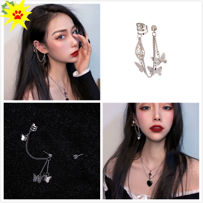 1pc Anting Klip Rantai Panjang Wanita Bentuk Kupu-Kupu Gaya Punk Hip Hop #261141322
