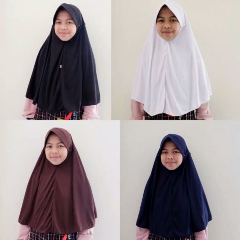 Jilbab anak sekolah serut TK SD SMP SMA putih polos hijab kerudung bergo kaos coklat tua pramuka hit