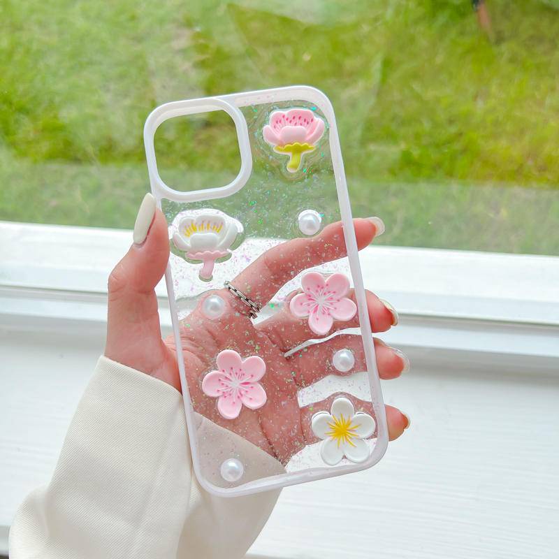 Soft Case Silikon Motif Bunga Sakura 3D Glitter Untuk iPhone 13 12 11 Pro MAX Mini X XS MAX XR SE 2022 2020 7 8 Plus