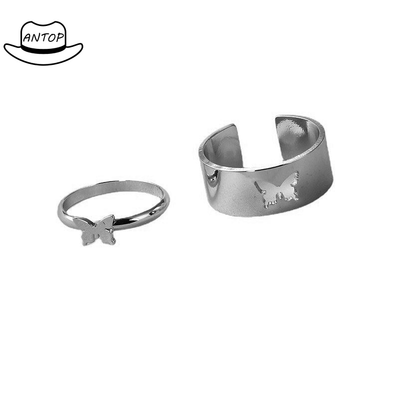 2pcs / Set Cincin Desain Kupu-Kupu Hollow Gaya Retro Untuk Pasangan ANTOP