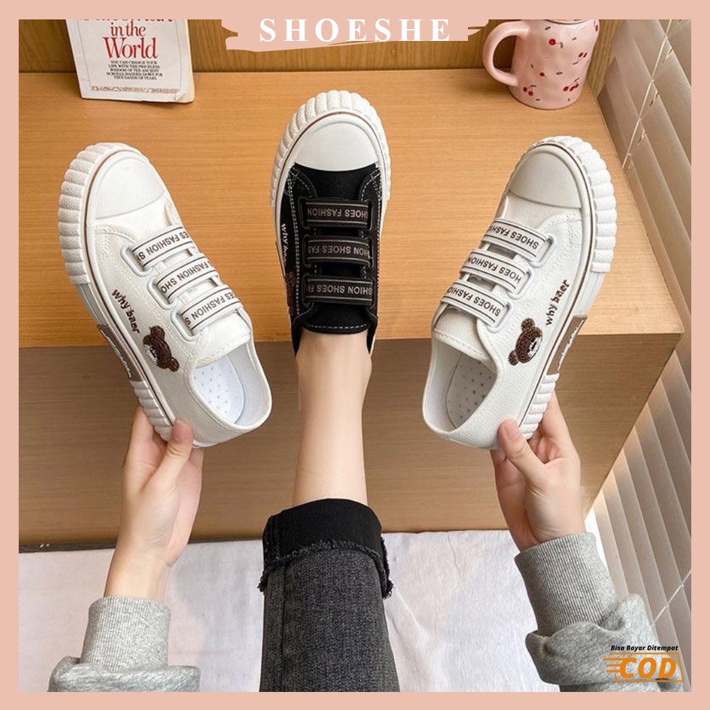 Sepatu Korean Style Why Bear Boyscode Fashion Tali Karet Hitam Putih / Sepatu Sneakers Canvas Wanita / Sepatu Kets Wanita