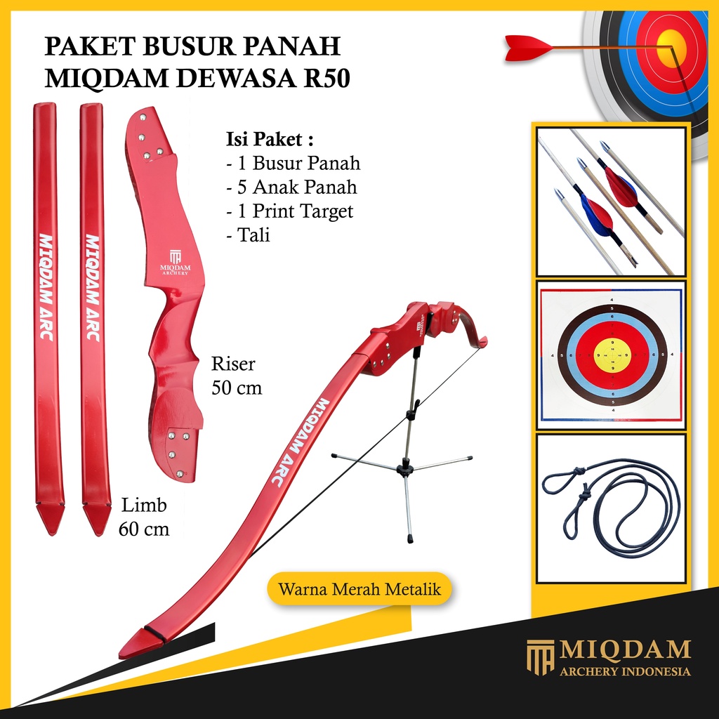 Busur Panah Miqdam Dewasa R50 || Face Target || 5 Arrow Bambu Petung Point Anhas Vanes Lakban