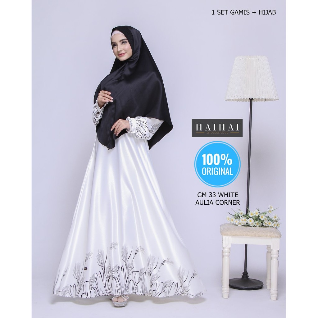 Desain Elegan Gamis HaiHai GM 33 Broken White ORIGINAL Baju Gamis Kain Katun Muslim
