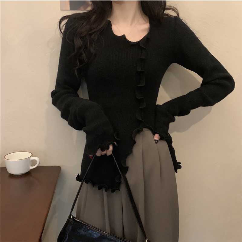 Korean Knit Top Wanita Lengan Panjang Kaos Rajut Polos
