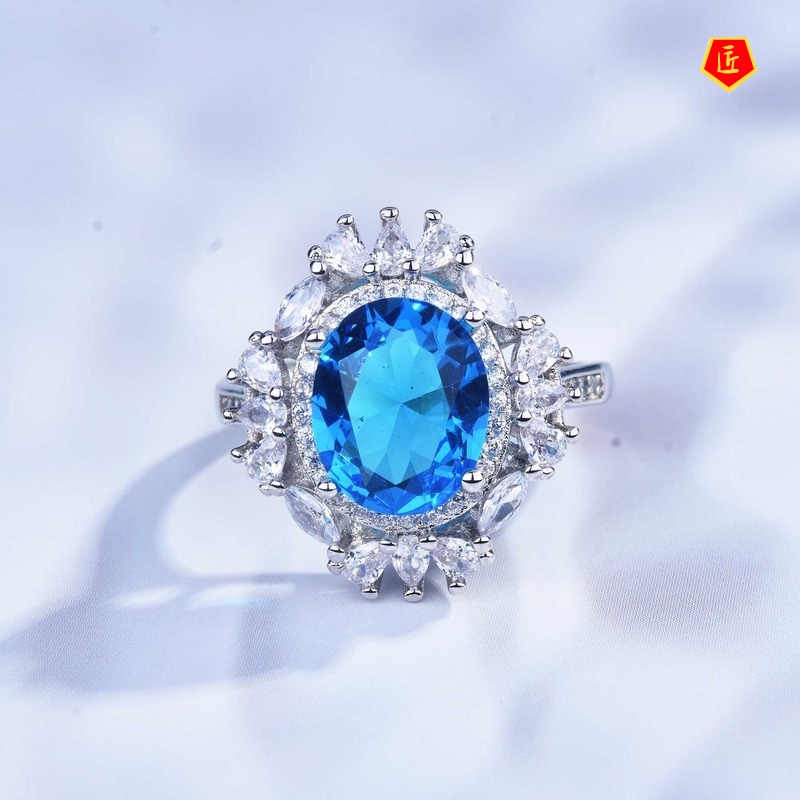 [Ready Stock]Luxury Full Diamond Natural Blue Topaz Ring