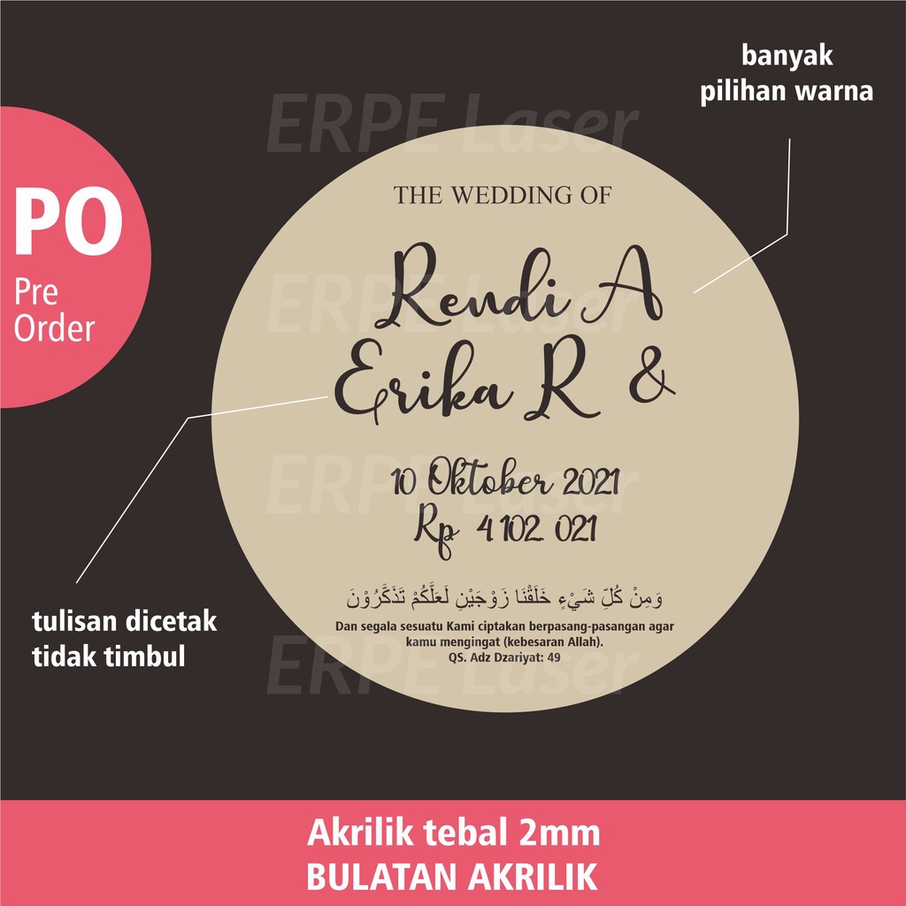 BULATAN AKRILIK LINGKARAN Custom Nama Dekorasi Mahar