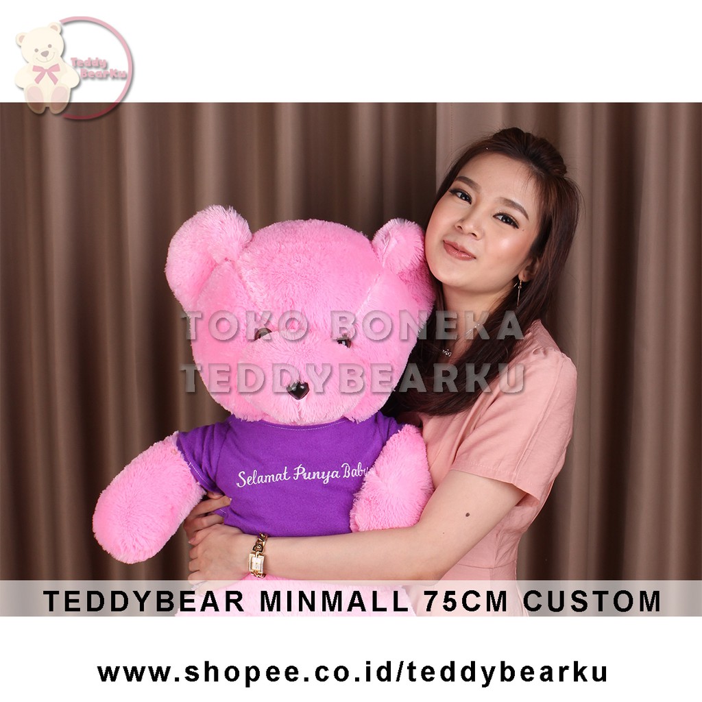 Teddy Bear Pink Baju Ungu + Tulisan Custom Boneka Beruang Mini Mall 75CM XL