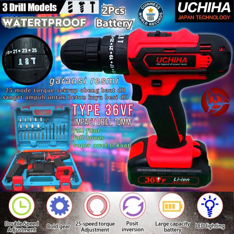 Promo Mesin Bor Cas Baterai Cordless Impact Drill UCHIHA & HUJIA tool Made In Indonesia Setara Makit