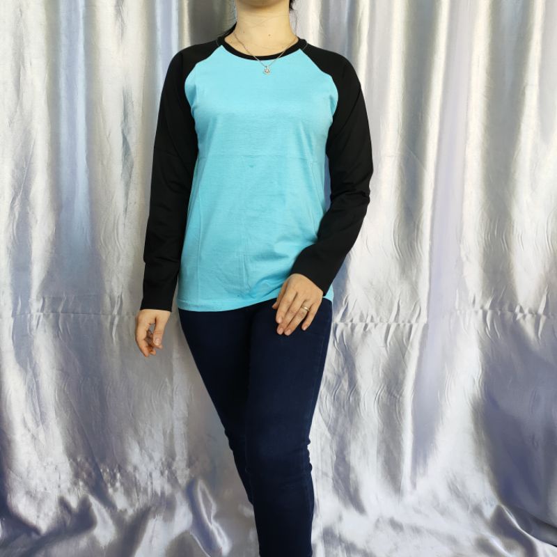 kaos reglan polos panjang SKYBLUE-HITAM dewasa uk M L XL XXL