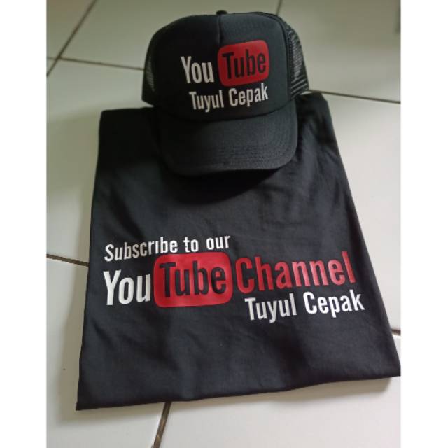 Kaos Sablon Baju "Youtube Chanel plus Topi",,bisa request pake nama chanel sendiri,