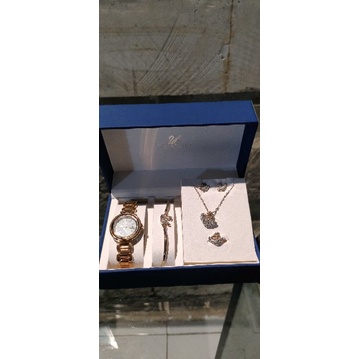 Jam Swarovski Set Perhiasan Gelang Cincin Kalung Anting