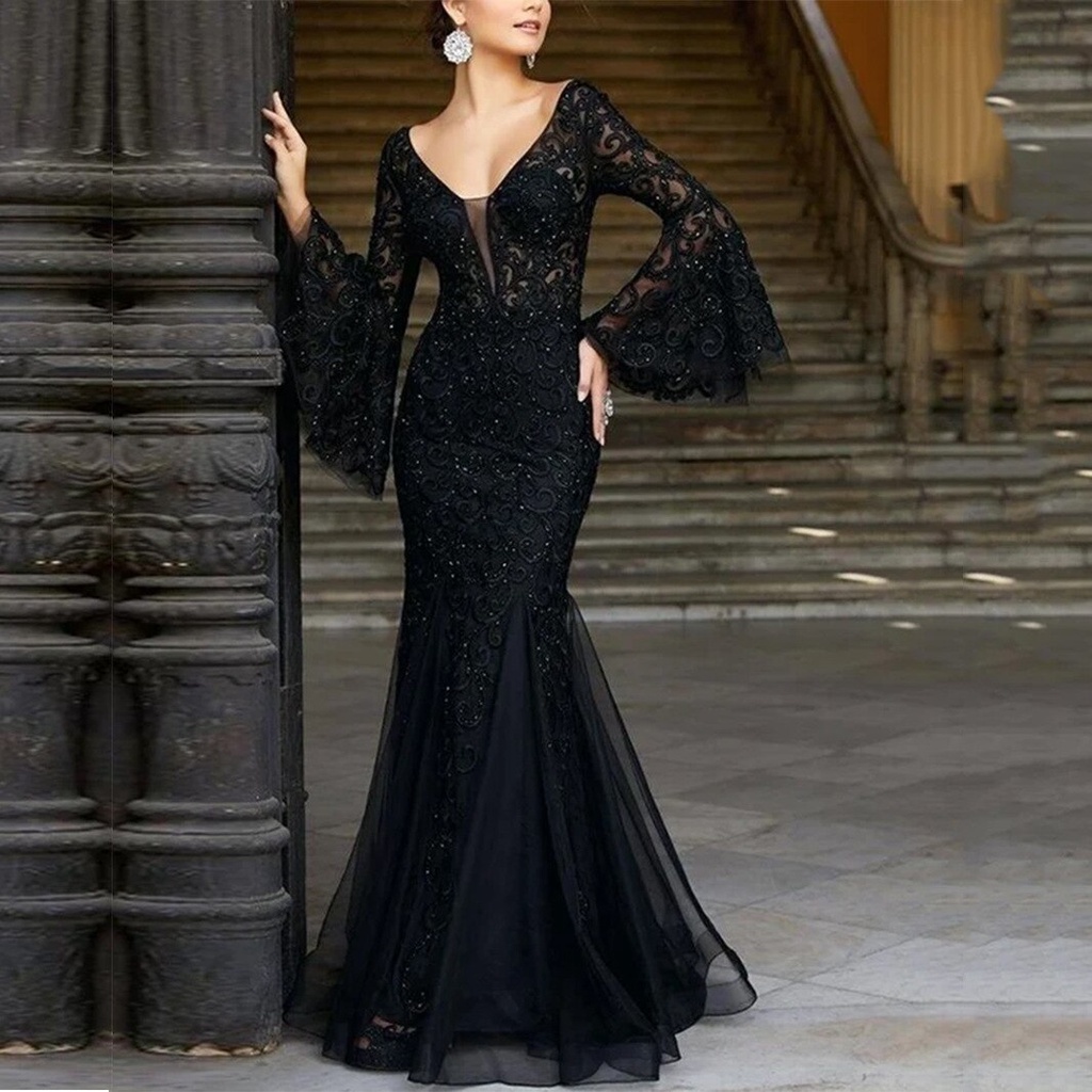 Sexy V Neck Long Flare Sleeve Black Lace Dress Wedding Party Dresses Women Evening Elegant Night Clu