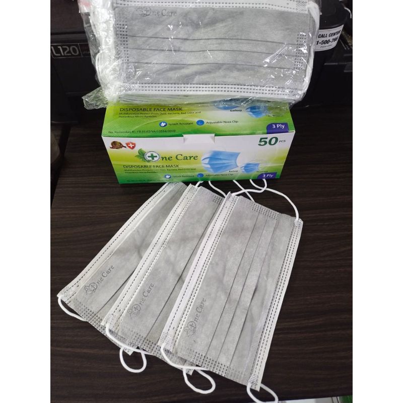 Masker Earloop 3 Ply Abu-abu One Care Embos Premium Diposable Face Mask Isi 50 Pcs