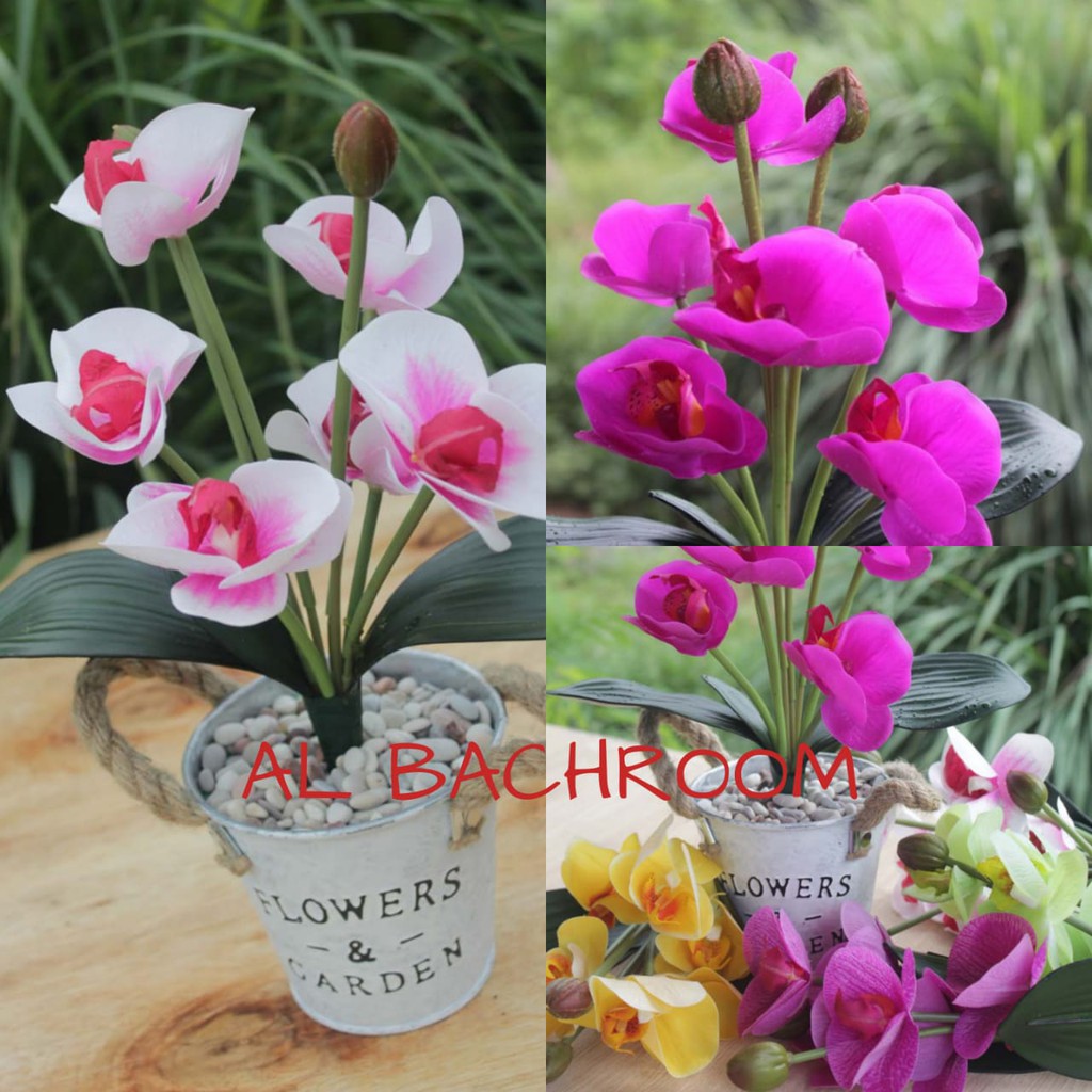 RANGKAIAN BUNGA ANGGREK SEMI LATEX POT BESI FLOWERS GARDEN RB6025 DEKORASI RUMAH ELEGAN HIASAN MEJA TAMU