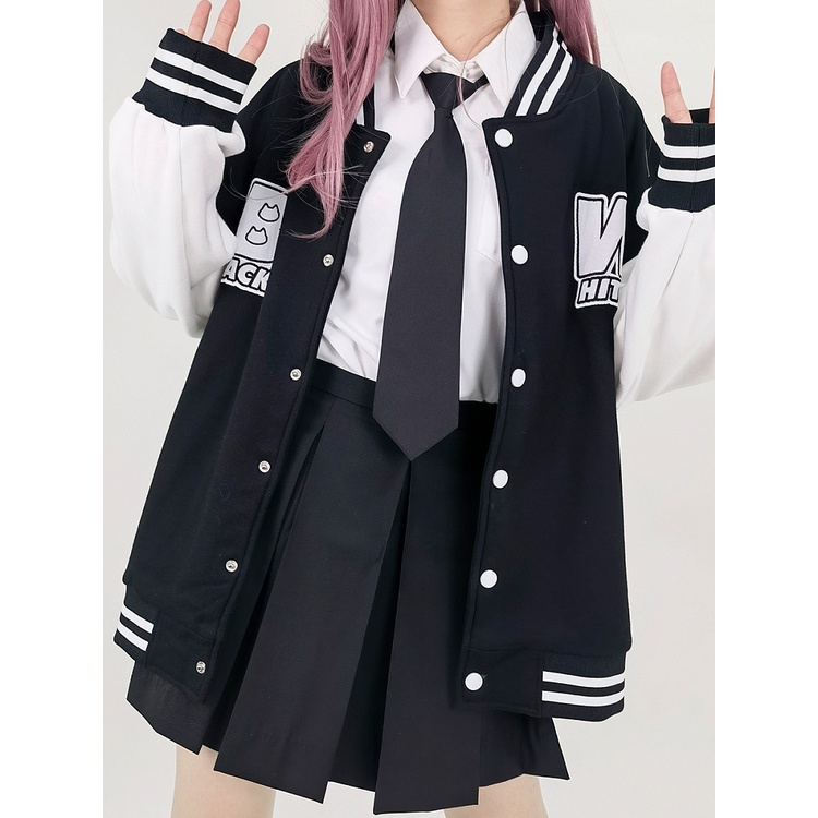 Black White Kitty Varsity Jaket Hoodie Jacket Neko Kucing kawaii Jepang Korea