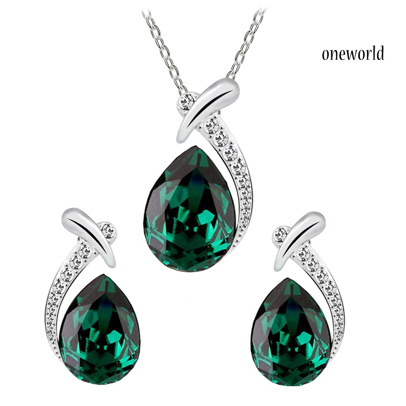 OW@ Lady Faux Crystal Water Drop Pendant Chain Necklace Earrings Wedding Jewelry Set